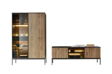 Klinkerville Möbelset Vardagsrum - Tv bänk & Vitrinskåp med Belysning - Svart Trä / Brun / Ribbad / Glas - Products - Förvaring - Förvaringsmöbler - Möbelset för vardagsrum