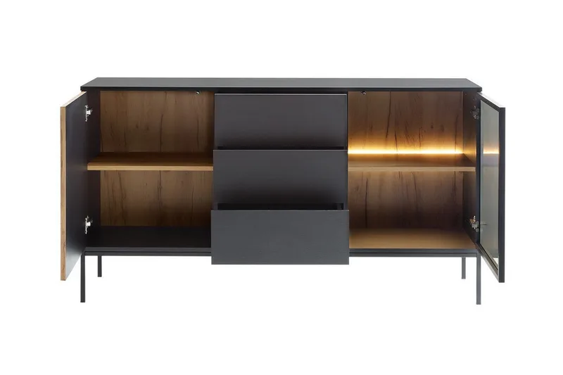 Klinkerville Lågt Vitrinskåp Display med belysning 39 cm djup - Svart Trä / Glas / Ribbad - Products - Förvaring - Skåp - Vitrinskåp