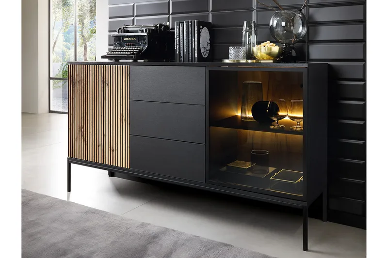 Klinkerville Lågt Vitrinskåp Display med belysning 39 cm djup - Svart Trä / Glas / Ribbad - Products - Förvaring - Skåp - Vitrinskåp