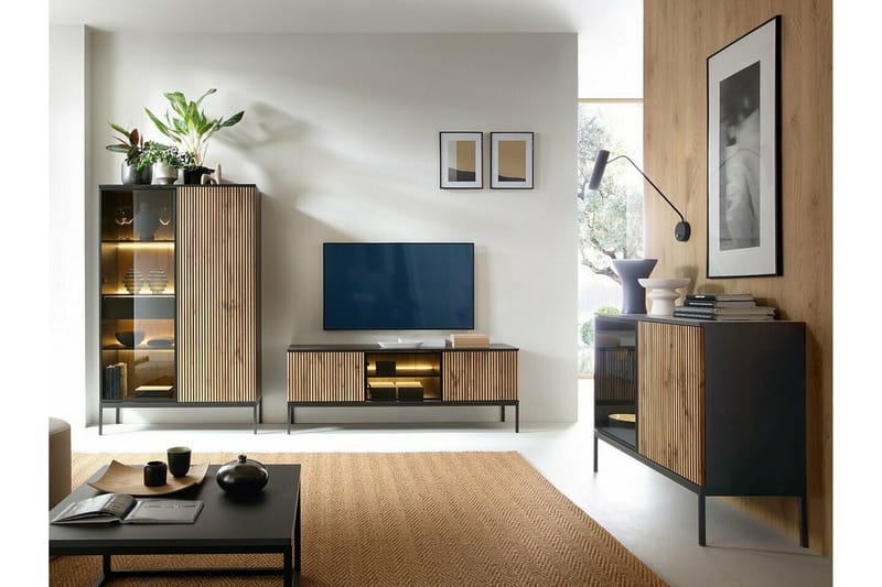 Klinkerville Vitrinskåp Glasdörr med Belysning 39 cm djup 10 cm - Svart Trä / Brun / Ribbad - Products - Förvaring - Skåp - Vitrinskåp