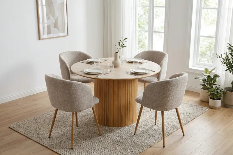 Arvo Matgrupp runt 120 cm Travertinlook med 4 Greya Matstolar - Ek - Products - Möbler - Bord & matgrupp - Matgrupp