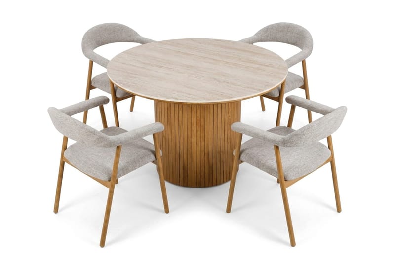 Arvo Matgrupp runt 120 cm Travertinlook med 4 Ronja Matstolar - Ek - Products - Möbler - Bord & matgrupp - Matgrupp