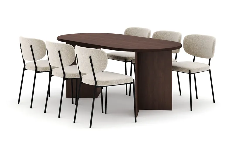 Dano Matbord 180 cm  med 6 Gemmiano Matstolar, Valnöt / Vit Bouclé