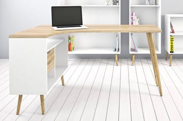 Delta Skrivbord 145 cm med Förvaring Lådor + Hyllor - Vit/Natur - Products - Möbler - Bord & matgrupp - Kontorsbord - Datorbord