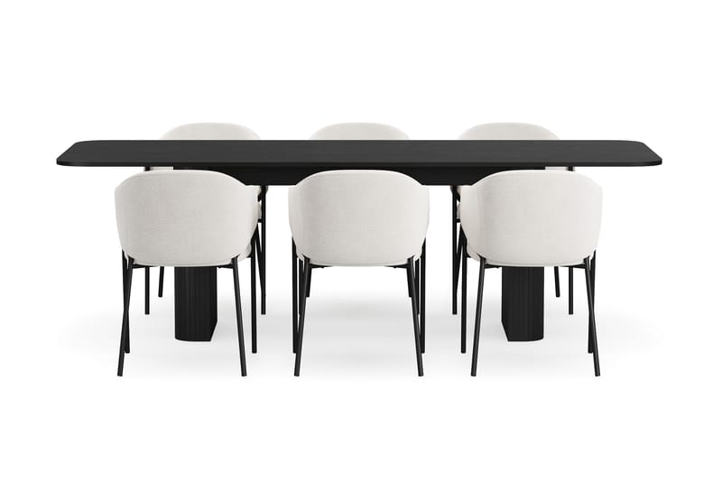 Kopparbo Matbord 180-240 cm Förlängningsbart med 6 Filip Matstolar - Svart / Vit Bouclé - Products - Möbler - Bord & matgrupp - Matgrupp