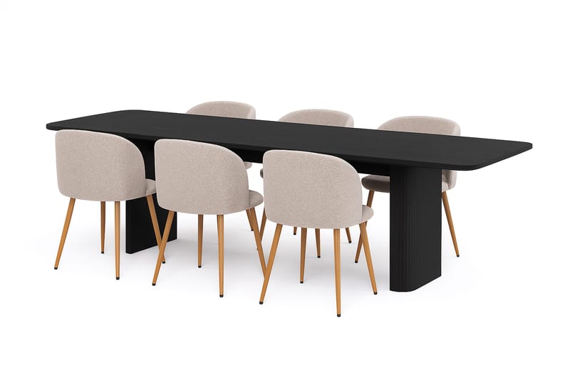 Kopparbo Matbord 180-240 cm Förlängningsbart med 6 Greya Matstolar med armstöd, Svart / Greige Bouclé / Metallben Ek