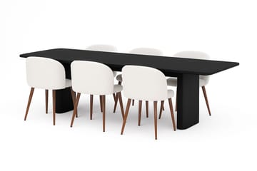 Kopparbo Matbord 180-240 cm Förlängningsbart med 6 Greya Matstolar med armstöd - Svart / Vit Bouclé / Metallben Valnöt - Products - Möbler - Bord & matgrupp - Matgrupp