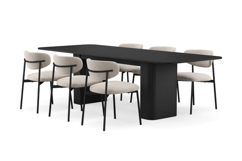 Kopparbo Matbord 180-240 cm Förlängningsbart med 6 Lucy Matstolar, Svart / Greige Bouclé / Metallben Svart