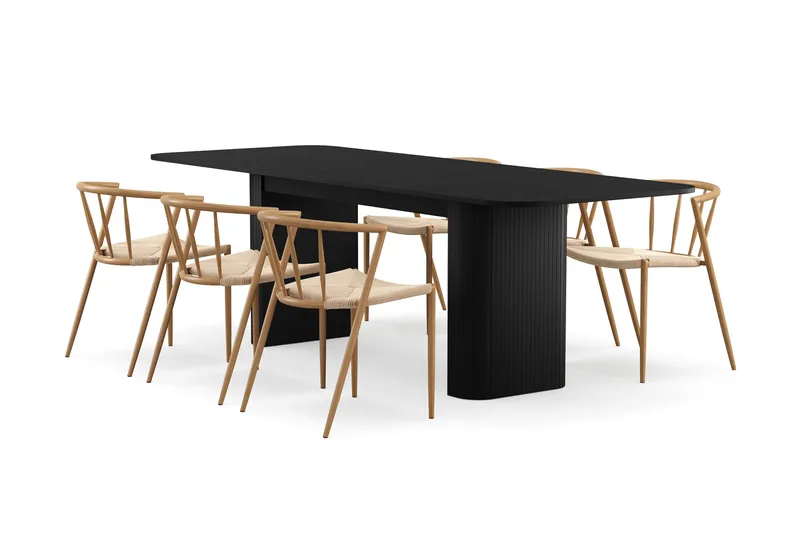 Kopparbo Matbord 180-240 cm Förlängningsbart med 6 Winston Matstolar, Svart / Beige / Metallben Ek