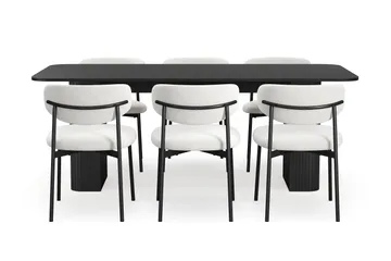 Kopparbo Matbord 200-260 cm Förlängningsbart med 6 Lucy Matstolar - Svart / Vit Bouclé / Metallben Svart - Products - Möbler - Bord & matgrupp - Matgrupp
