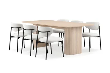 Kopparbo Matbord 200-260 cm Förlängningsbart med illäggsskiv med 6 Lucy Matstolar - Vit / Vit Bouclé / Metallben Svart - Products - Möbler - Bord & matgrupp - Matgrupp