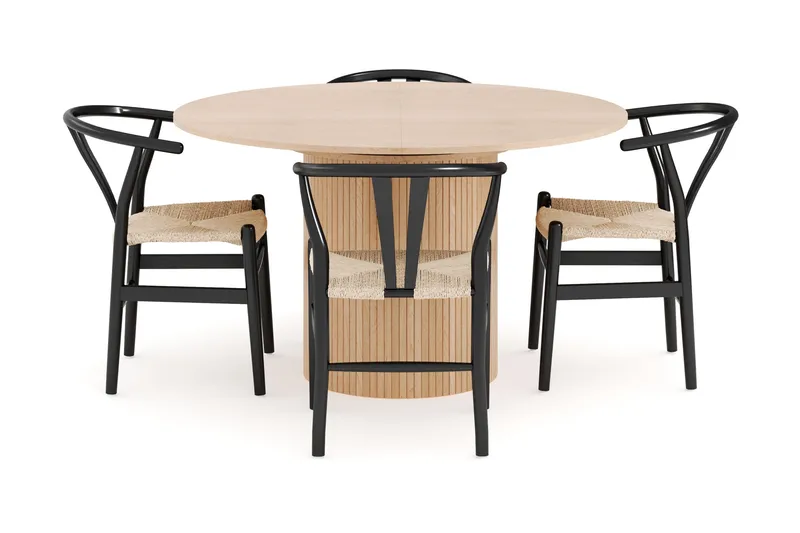 Kopparbo Matgrupp 130 cm Rund Förlängningsbart med 4 Dastoori Matstolar - Whitewash - Products - Möbler - Bord & matgrupp - Matgrupp