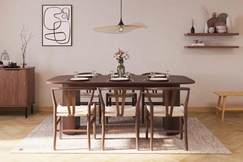 Kopparbo Matgrupp 200 cm med 6 Dastoori Matstol - Brun / Beige / Trä / Ribbad - Products - Möbler - Bord & matgrupp - Matgrupp