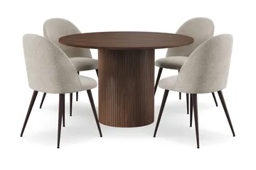 Kopparbo Runt Matbord 120 cm med 4 Nibe Plus Matstolar - Mörkbrun / Greige Bouclé / Metallben Valnöt - Products - Möbler - Bord & matgrupp - Matgrupp