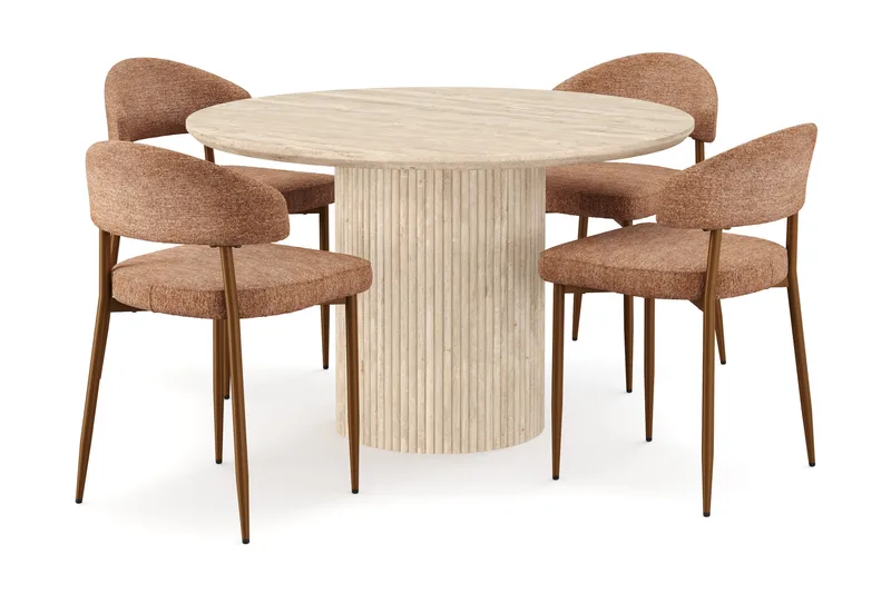 Kopparbo Runt Matbord 120cm Travetin utseende med 4 st Jairam Matstolar, Beige
