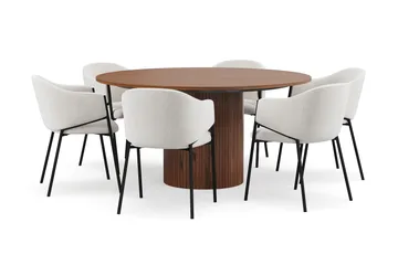 Kopparbo Runt Matbord 150 cm med 6 Filip Matstolar - Valnöt / Vit Bouclé - Products - Möbler - Bord & matgrupp - Matgrupp