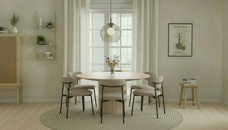 Kopparbo Runt Matbord 150 cm med 6 Lucy Matstolar - Vit / Greige Bouclé / Metallben Svart - Products - Möbler - Bord & matgrupp - Matgrupp