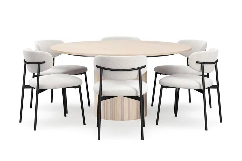 Kopparbo Runt Matbord 150 cm med 6 Lucy Matstolar, Vit / Vit Bouclé / Metallben Svart