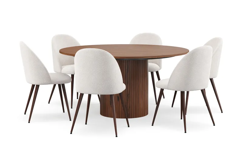 Kopparbo Runt Matbord 150 cm med 6 Nibe Plus Matstolar, Valnöt / Vit Bouclé / Metallben Valnöt