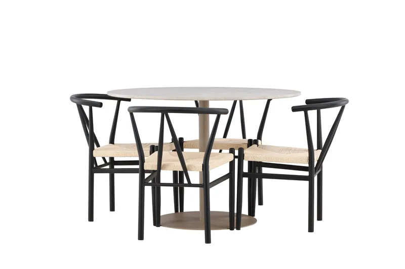 Lycke Matgrupp 110 cm Rund med 4 Alfons stolar, Beige/Svart