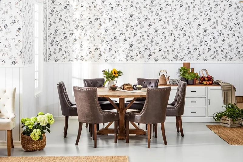 Lyon Matgrupp 150 cm Rund Mörkt trä med 6 Tuva Stolar - Vintage Alm / Brun Pu - Products - Möbler - Bord & matgrupp - Matgrupp