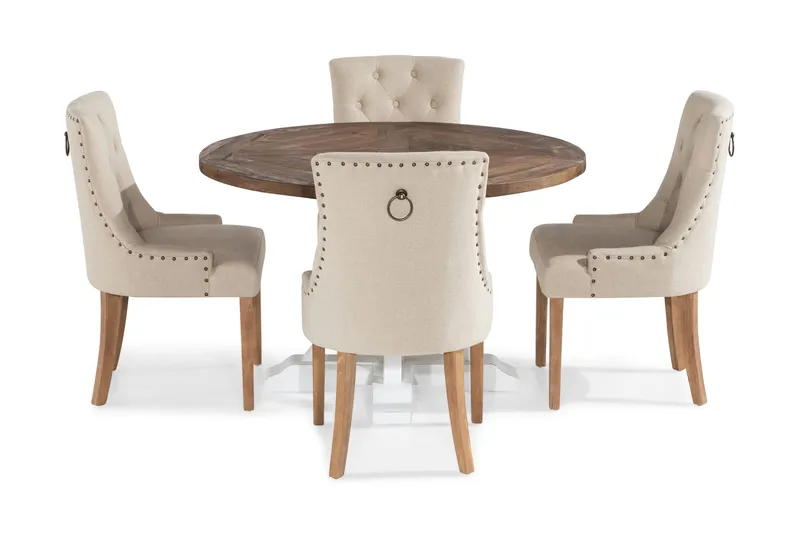 Lyon Matgrupp Rund med 4 st Viktoria Fåtölj - Trä/Vit/Beige - Products - Möbler - Bord & matgrupp - Matgrupp