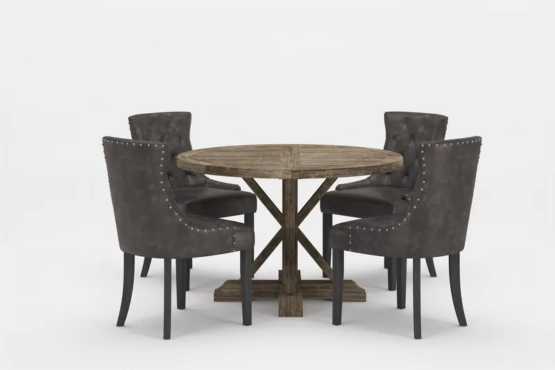 Lyon Premium Matgrupp Rund 120 cm + 4 st Tuva Matstolar, Gr å/Brun