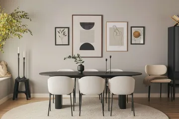 Noira Ovalt Matbord 220 cm med 6 Filip Matstolar - Svart / Vit Bouclé - Products - Möbler - Bord & matgrupp - Matgrupp