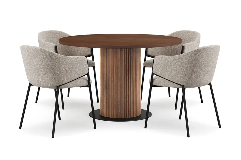 Noira Runt Litet Matbord Massiv Valnöt 120 cm med 4 Filip Matstolar, Brun / Taupe Bouclé