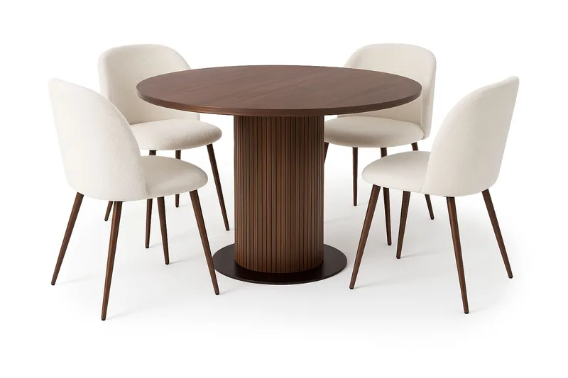 Noira Runt Litet Matbord Massiv Valnöt 120 cm med 4 Greya Matstolar med armstöd, Brun / Vit Bouclé / Metallben Valnöt