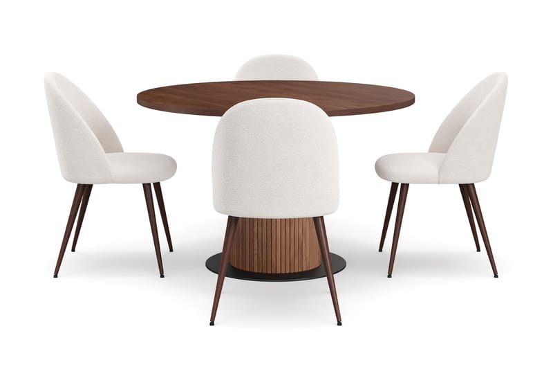 Noira Runt Litet Matbord Massiv Valnöt 120 cm med 4 Nibe Plus Matstolar - Brun / Vit Bouclé / Metallben Valnöt - Products - Möbler - Bord & matgrupp - Matgrupp
