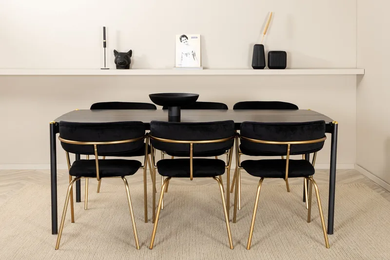 Pelle Matgrupp 190 cm Rektangulär med 6 Arrow stolar, Svart/Guld