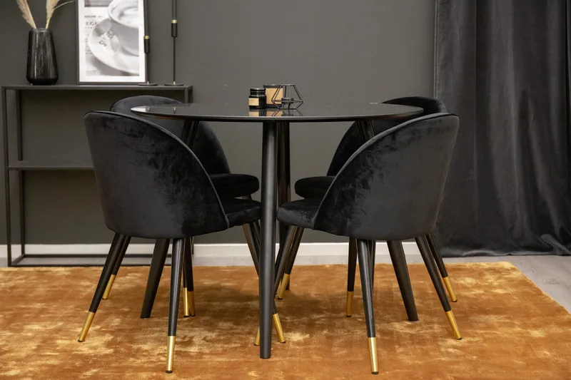 Plaza Matgrupp 100 cm Rund med 4 Velvet stolar - Svart/Guld - Products - Möbler - Bord & matgrupp - Matgrupp