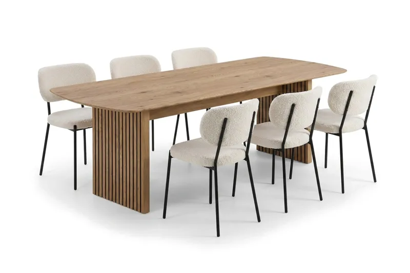 Richeto Matbord 180 cm med 6 st Gemmiano Stolar i Teddy, Brun, Vit