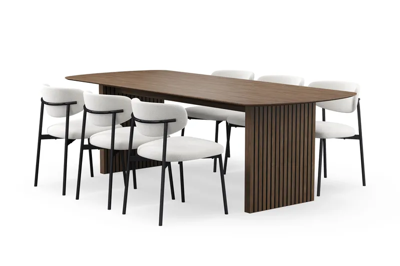 Richeto Matbord 240 cm med 6 Lucy Matstolar, Rökt ek / Vit Bouclé