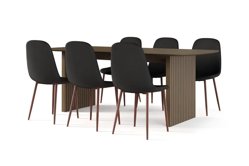 Richeto Matbord Rökt Ek 210 cm valnöt +  6 st Nibe stol svart med valnöt ben, Brun/Svart