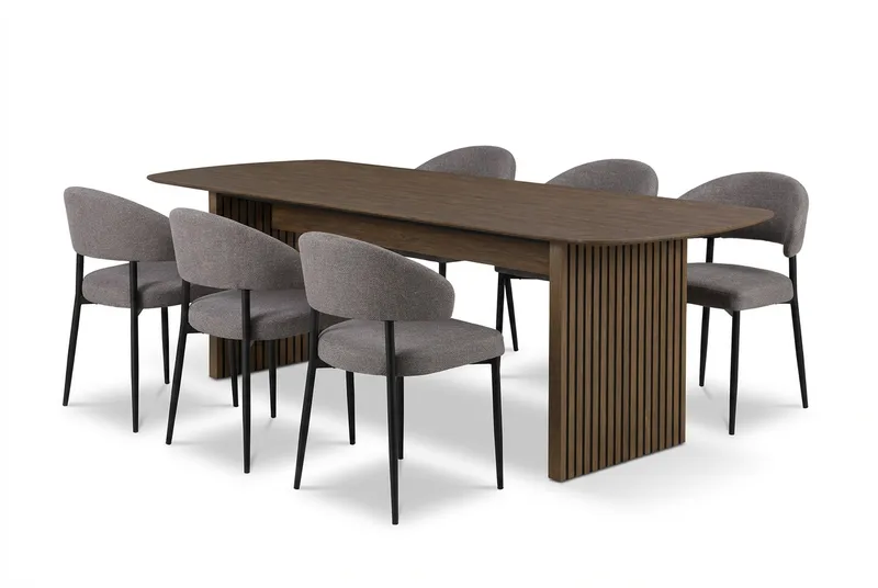 Richeto Matbord Rökt Ek 240 cm med 6 Sawako Greige Stolar, Rökt ek