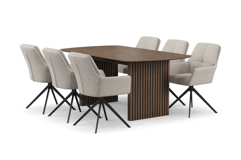 Richeto Matgrupp 180 cm med 6 Torsby Snurrstolar, Rökt ek/Mörkbeige