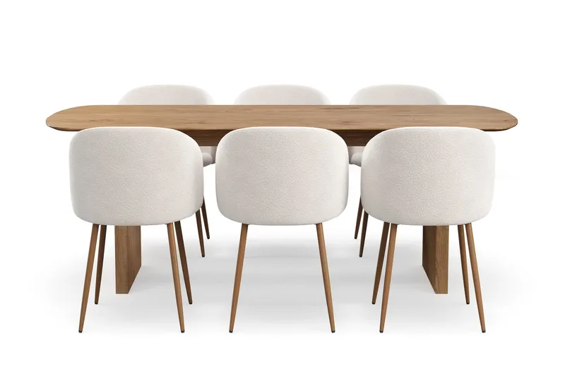 Richeto Matgrupp med 6 Greya Matstolar med Armstöd, Naturlig Finish/Vit Bouclé