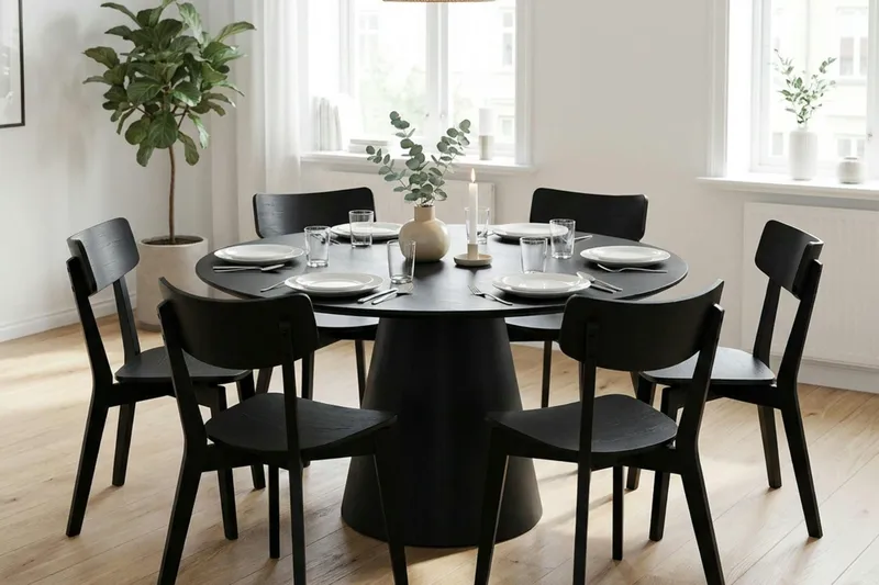 Siena Matgrupp 150 cm runt i Svart med 6 Amelia Matstolar - Svartlaserad ek - Products - Möbler - Bord & matgrupp - Matgrupp