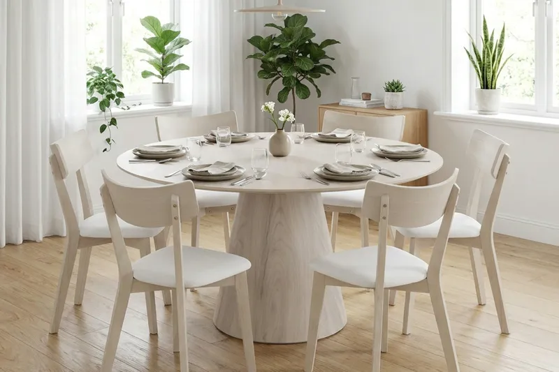 Siena Matgrupp 150 cm runt Vitlaserad med 6 Amelia Matstolar med Dyna - Vitlaserad ek - Products - Möbler - Bord & matgrupp - Matgrupp