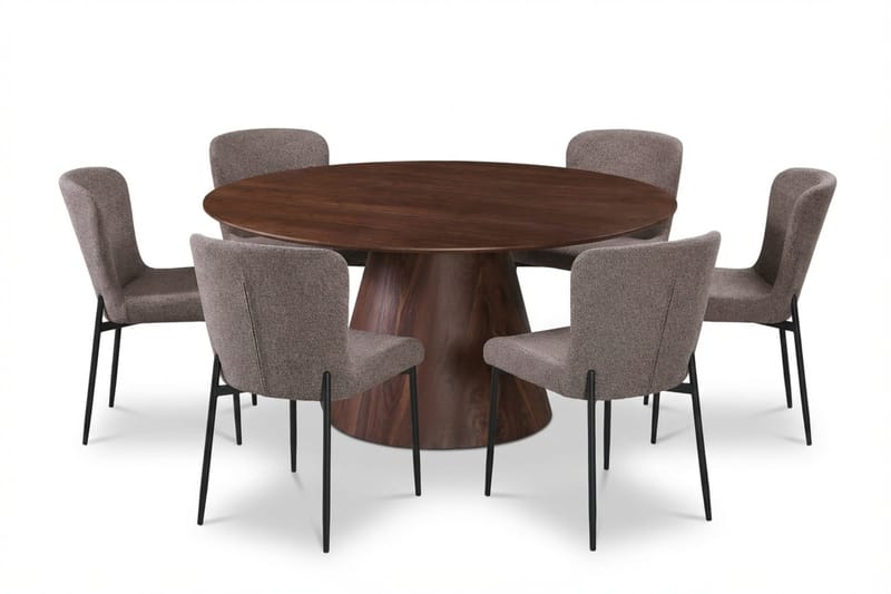 Siena Matgrupp runt 150 cm Valnöt med 6 Elsie Matstolar, Valnöt/Grå