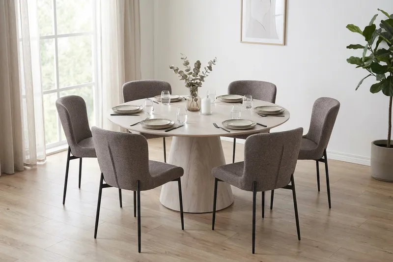 Siena Matgrupp runt 150 cm Vitlaserad med 6 Elsie Matstolar - Vitlaserad ek - Products - Möbler - Bord & matgrupp - Matgrupp