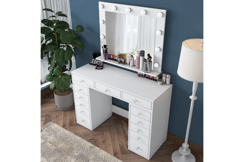 Ramender Stort Sminkbord med spegel och lampor med förvaring - Vit - Products - Möbler - Bord & matgrupp - Sminkbord & toalettbord