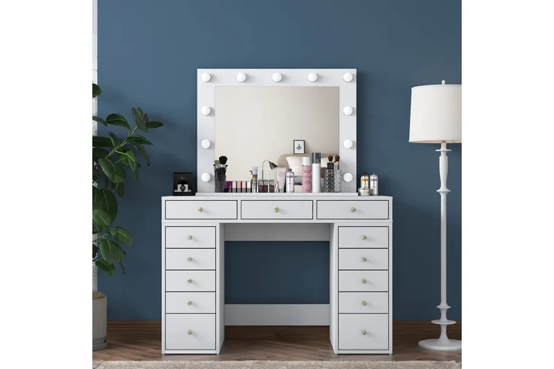 Ramender Stort Sminkbord med spegel och lampor med förvaring - Vit - Products - Möbler - Bord & matgrupp - Sminkbord & toalettbord