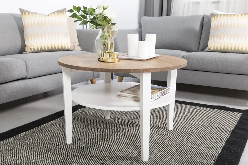 Mantorp Soffbord 80 cm Runt med Förvaring Hylla - Massiv Ek/Vit - Products - Möbler - Bord & matgrupp - Soffbord - Soffbord med förvaring