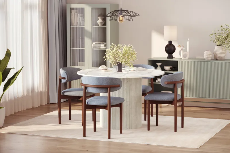 Uppveda Matbord 120 cm Rund med 4 st Jaiveer Matstolar - Vit - Products - Möbler - Bord & matgrupp - Matgrupp