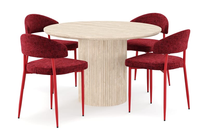 Uppveda Runt Matbord 120cm Travetin utseende med 4 st Jairam Matstolar, Beige