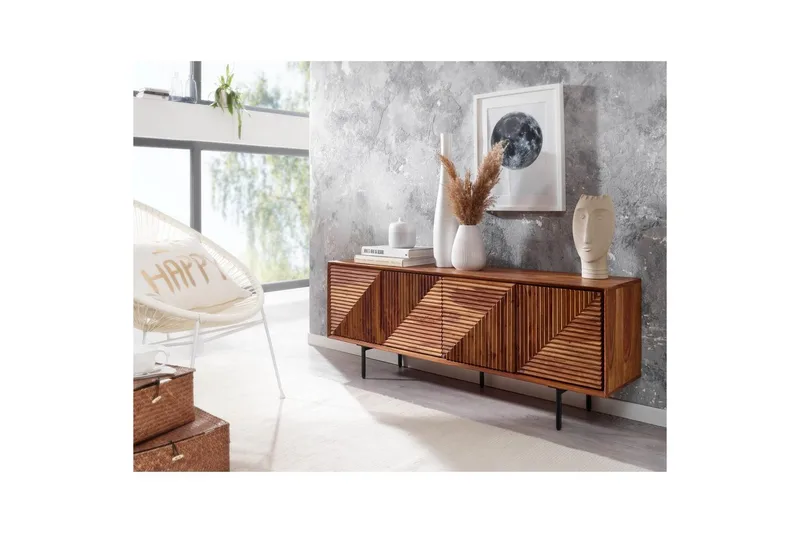 Lowboard Wohnling Massivt trä med förvaring, 4 dörrar, tryck för att öppna, lantlig stil - Products - Möbler - TV- & Mediamöbler - TV bänk & mediabänk