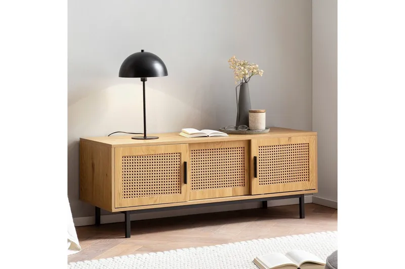 Lowboard Wohnling spånskiva folierad med 2 skjutdörrar, wienflät, modern stil Ek - Ek - Products - Möbler - TV- & Mediamöbler - TV bänk & mediabänk